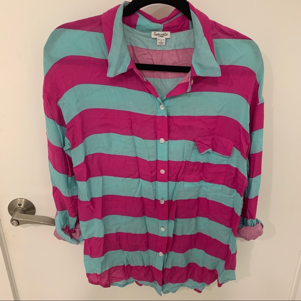 Splendid Pink & Teal Striped Button Down Blouse L